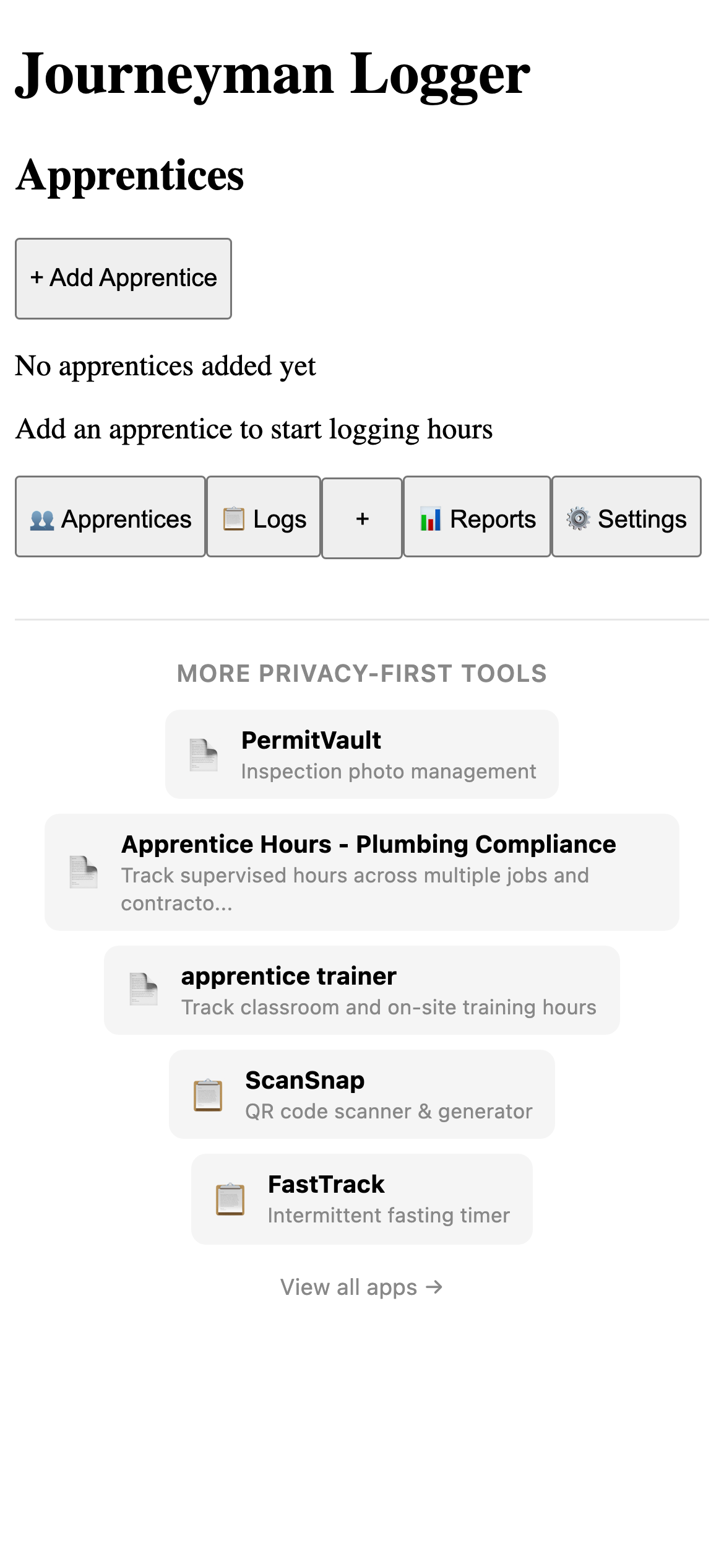 Journeyman Logger - Apprentice Hours Pro main interface